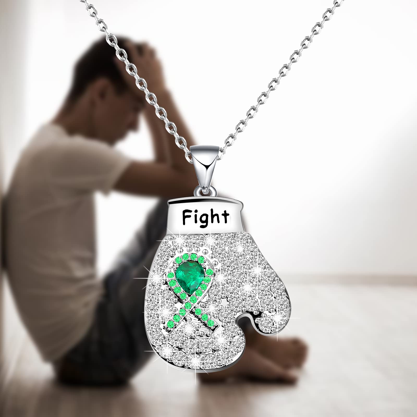 CHOORO Green Awareness Ribbon Charm Boxing Glove Necklace Gift for Lymphoma/Lyme Disease/Mental Illness/Bipolar Disorder/Cerebral Palsy (Green Awareness N)