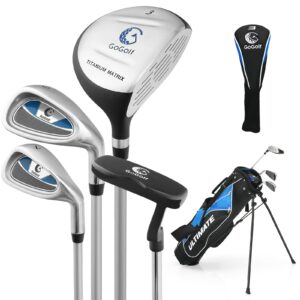 GYMAX Complete Golf Club Set for Kids/Children Right Hand, Includes #3 Fairway Wood & #7 & #9 Irons, Putter, Foamed Head Cover, Portable Youth Golf Club Set (for Age 11-13, Blue)