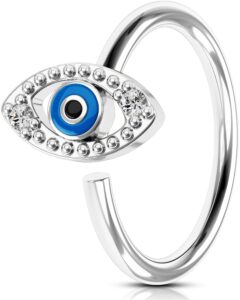 oufer 20g nose ring hoop，316l stainless steel blue evil eye cartilage earrings，nose piercing jewelry for women and men silver color