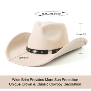 Lanzom Women Men Classic Felt Wide Brim Western Cowboy Cowgirl Hat with Belt Buckle(Medium,Beige)