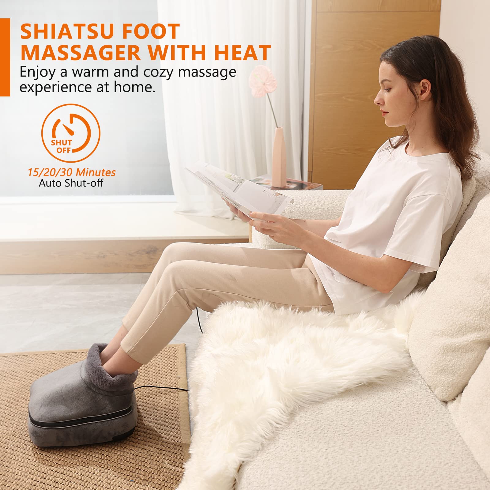 Neuksso Shiatsu Foot Massager Machine, 2-in-1 Foot and Back Massager with Heat, Kneading Foot Massager with 3 Adjustable Heating Levels, 15/20/30 Mins Auto Shut-Off Foot Warmer for Home/Office (Gray)