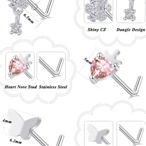 Tornito 12Pcs Nose Ring Nose Stud L Shaped Snake Butterfly CZ Flower Moon Dangle Nose Rings Stud for Women Men Silver Tone 20G