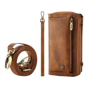 nincyee Multifunction Wallet Case for iPhone 12 Pro Max,Large Capacity Leather Zipper Clutch Bag Case with Shoulder Strap Brown