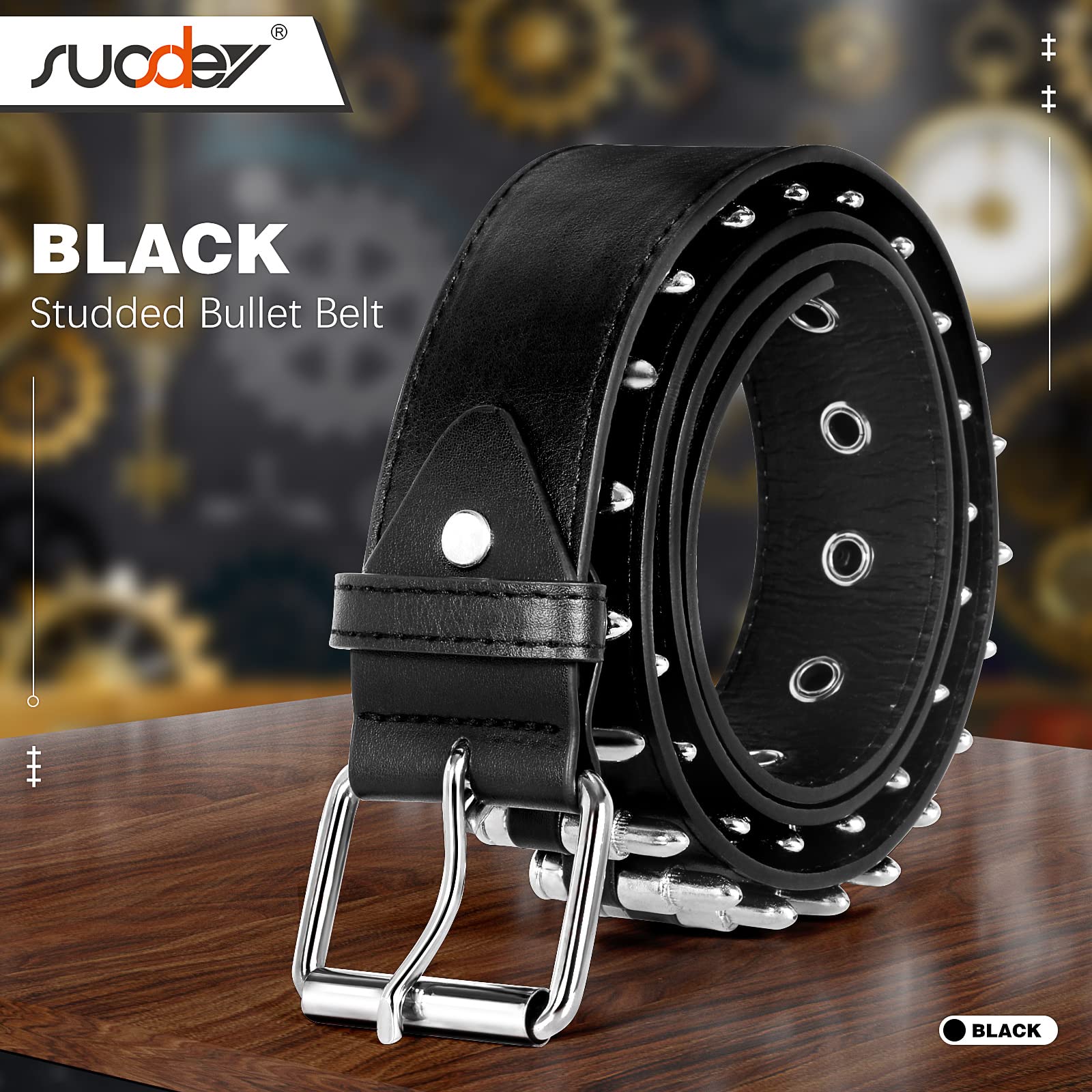 SUOSDEY Black Studded Belt,Y2K Silver Metal Grommet Belt for Men Women Punk Rock Style for Jeans Pants (A-black, 28-34)