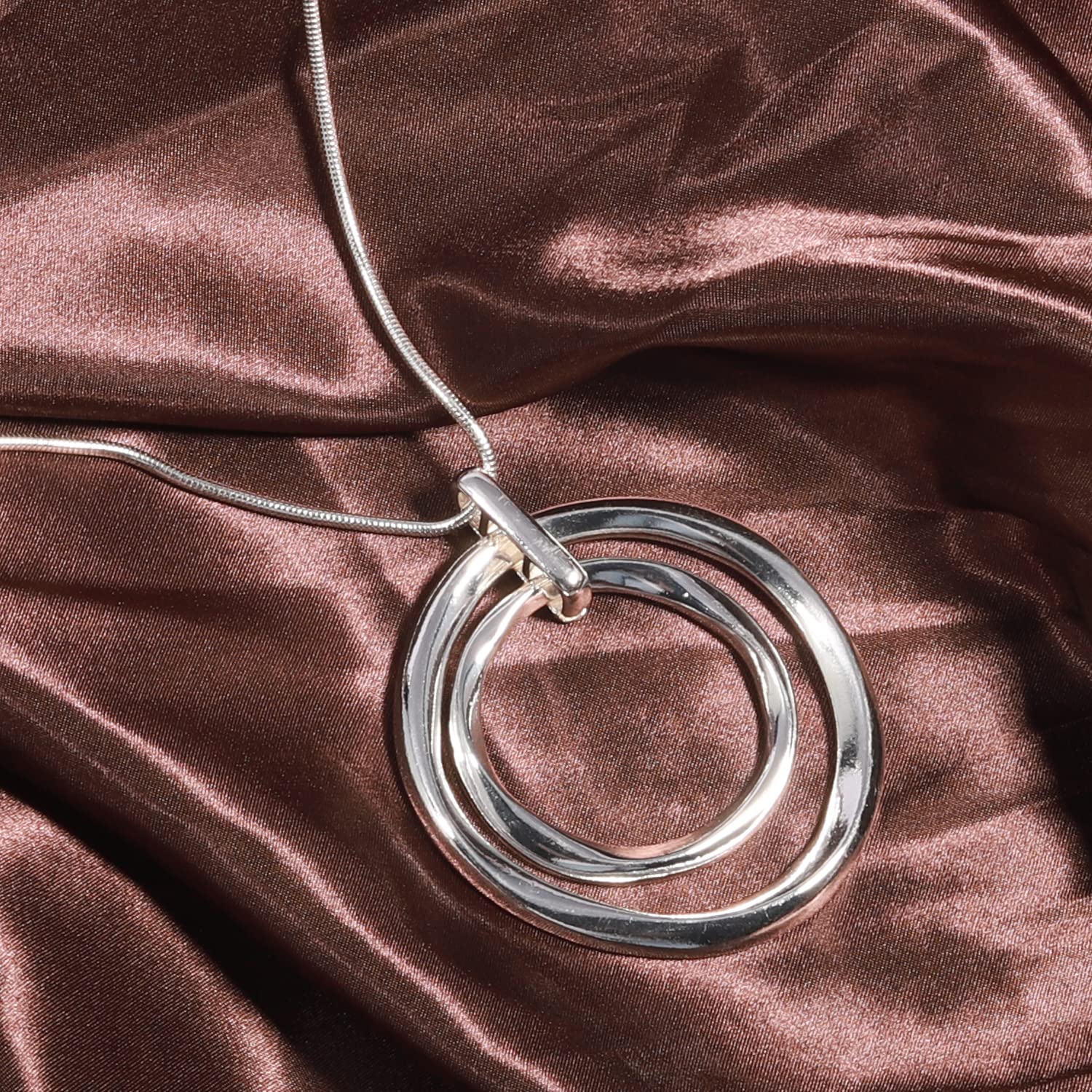 XILAZAB Silver Double Circle Necklace, Long Silver Necklace Sweater long Silver Chain for Women Silver Circle Large Pendant Womens Jewelry Silver Statement Necklace for Women Valentines Gift