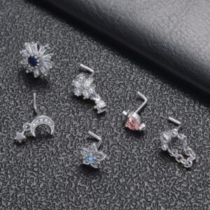 Tornito 12Pcs Nose Ring Nose Stud L Shaped Snake Butterfly CZ Flower Moon Dangle Nose Rings Stud for Women Men Silver Tone 20G