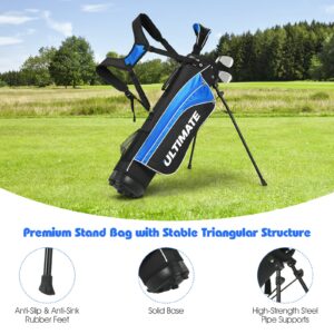 GYMAX Complete Golf Club Set for Kids/Children Right Hand, Includes #3 Fairway Wood & #7 & #9 Irons, Putter, Foamed Head Cover, Portable Youth Golf Club Set (for Age 11-13, Blue)