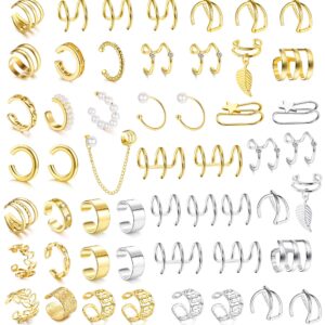 Dochais 52 Pcs Helix Cartilage Clip on Wrap Fake Earrings Ear Cuffs for Women Men Non Piercing Ear Clip (Gold/Silver)