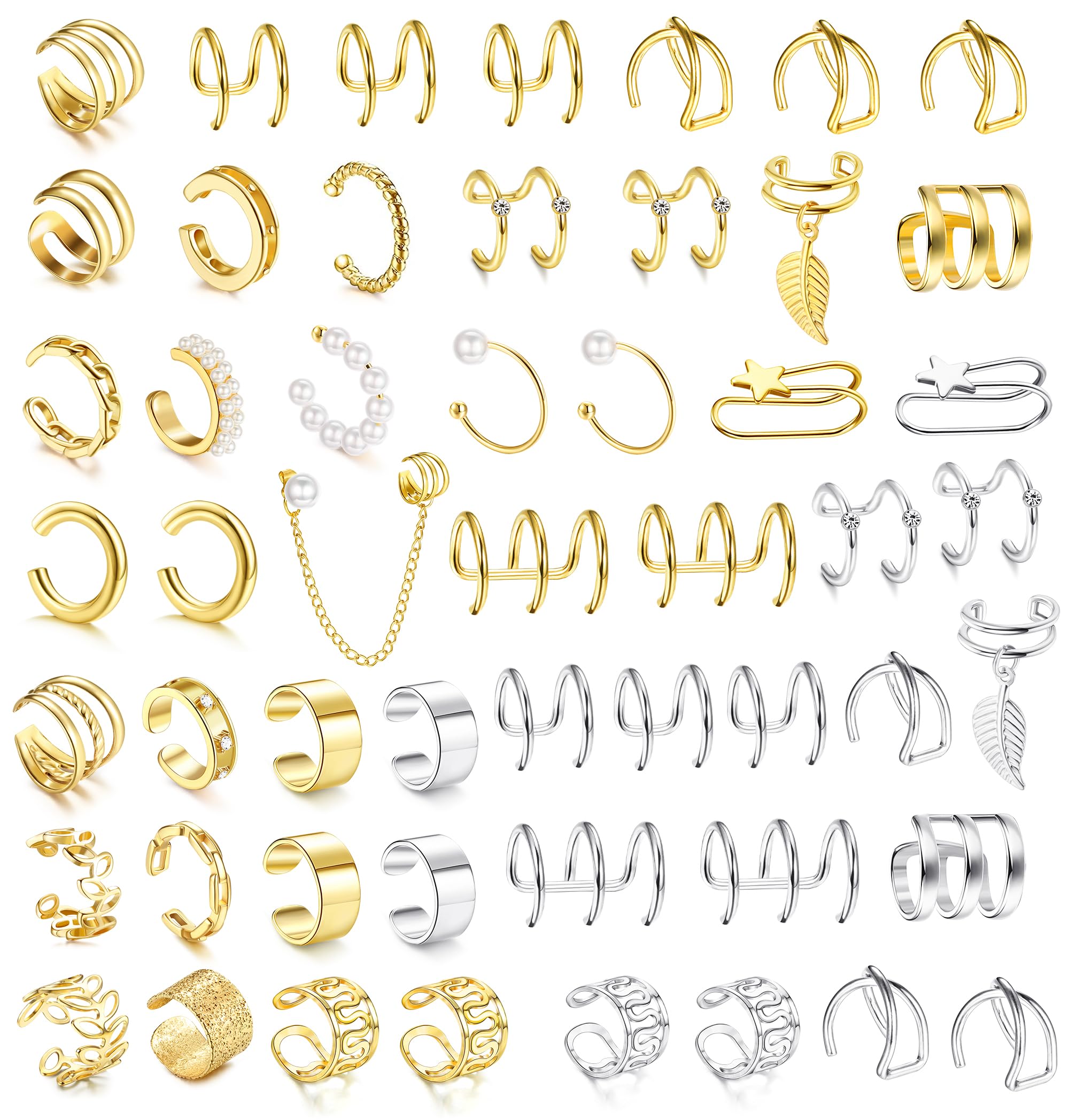 Dochais 52 Pcs Helix Cartilage Clip on Wrap Fake Earrings Ear Cuffs for Women Men Non Piercing Ear Clip (Gold/Silver)