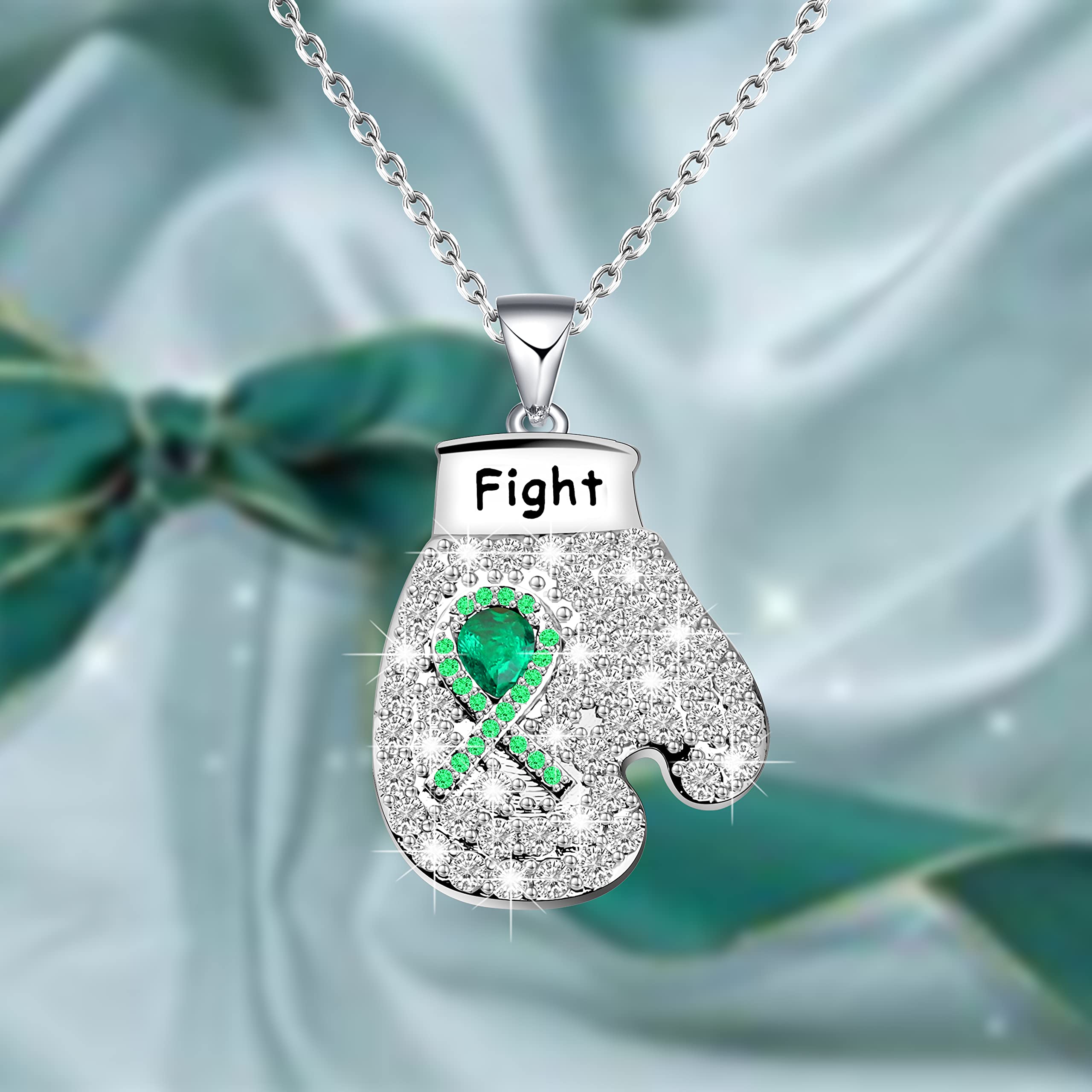 CHOORO Green Awareness Ribbon Charm Boxing Glove Necklace Gift for Lymphoma/Lyme Disease/Mental Illness/Bipolar Disorder/Cerebral Palsy (Green Awareness N)