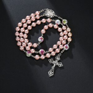 8mm Pink Pearl Beads Catholic Rosary Large Ceramics Bead Rosary Silver Beaded String Necklace Miraculous Medal Crucifix Cross Gift for Women