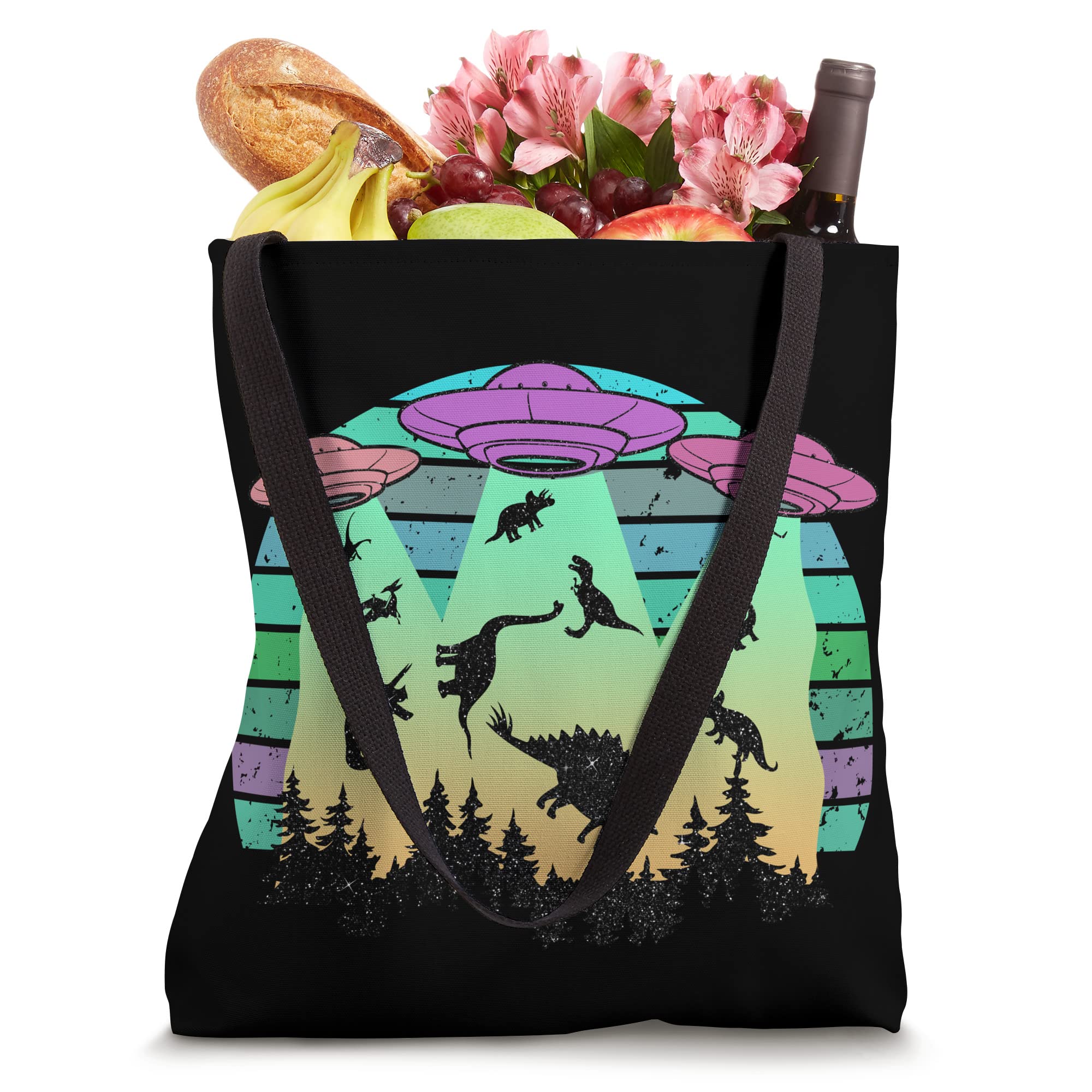 Funny UFO Alien Abduction Dinosaur Retro Aesthetic Camping Tote Bag