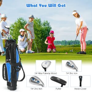 GYMAX Complete Golf Club Set for Kids/Children Right Hand, Includes #3 Fairway Wood & #7 & #9 Irons, Putter, Foamed Head Cover, Portable Youth Golf Club Set (for Age 11-13, Blue)