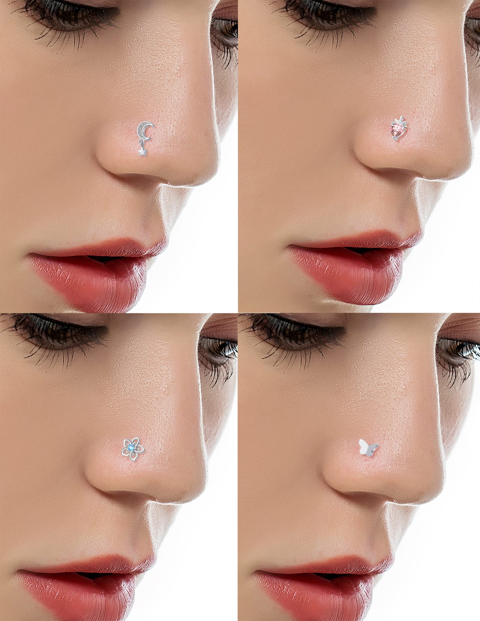 Tornito 12Pcs Nose Ring Nose Stud L Shaped Snake Butterfly CZ Flower Moon Dangle Nose Rings Stud for Women Men Silver Tone 20G