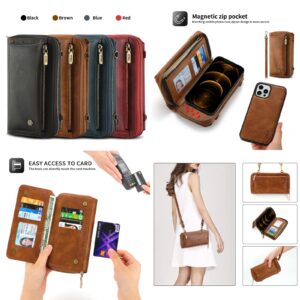 nincyee Multifunction Wallet Case for iPhone 12 Pro Max,Large Capacity Leather Zipper Clutch Bag Case with Shoulder Strap Brown