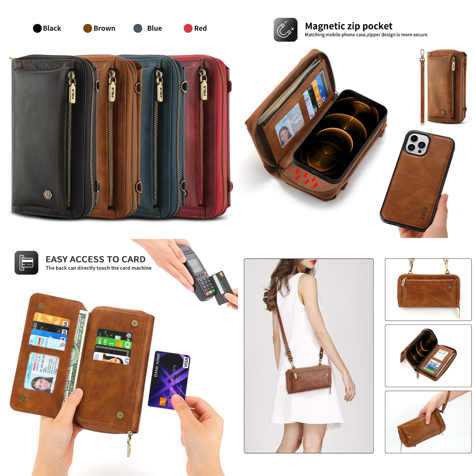 nincyee Multifunction Wallet Case for iPhone 12 Pro Max,Large Capacity Leather Zipper Clutch Bag Case with Shoulder Strap Brown