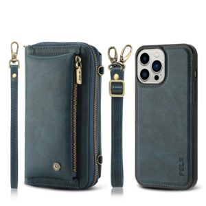 nincyee Multifunction Clutch Bag Case for iPhone 13 Pro Max,Large Capacity Leather Wallet Crossbody Case,Zipper Pocket Card Slot Case with Shoulder Strap Blue