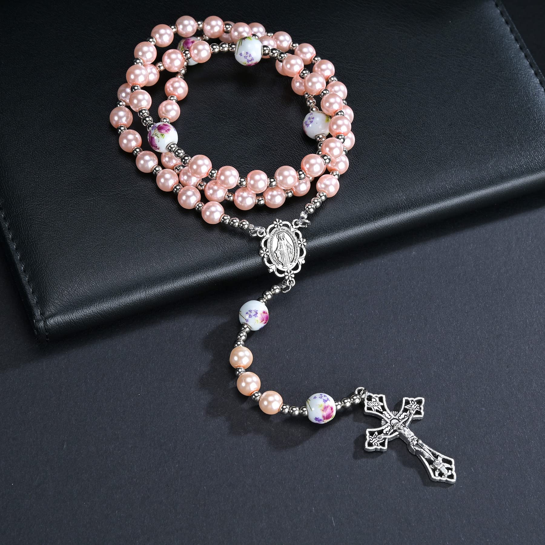 8mm Pink Pearl Beads Catholic Rosary Large Ceramics Bead Rosary Silver Beaded String Necklace Miraculous Medal Crucifix Cross Gift for Women