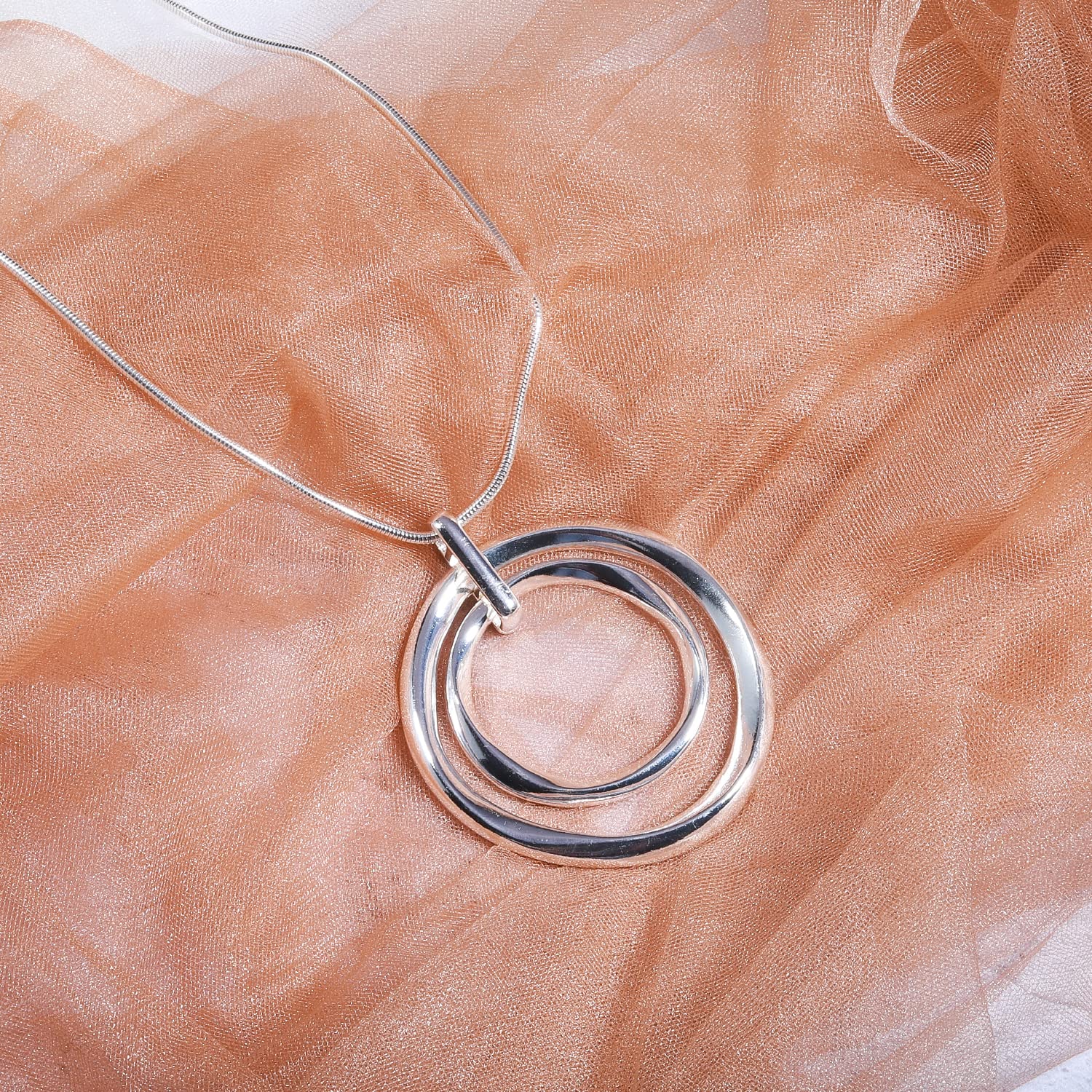 XILAZAB Silver Double Circle Necklace, Long Silver Necklace Sweater long Silver Chain for Women Silver Circle Large Pendant Womens Jewelry Silver Statement Necklace for Women Valentines Gift