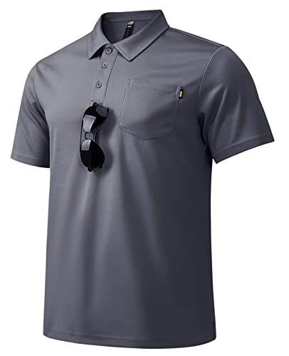 MIER Men's Polo Shirts Polyester Casual Tennis Collared Shirts Short Sleeve with Pocket, Sun Protection, Grey, XXL