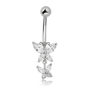 AVORA 10K White Gold Simulated Diamond CZ Double Butterfly Belly Button Ring Body Jewelry (14 Gauge)