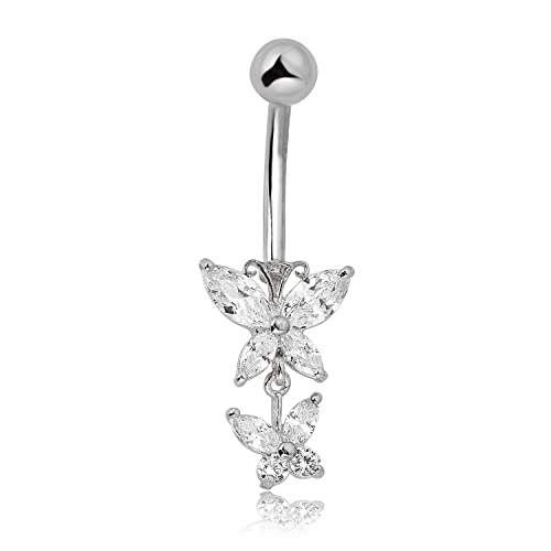 AVORA 10K White Gold Simulated Diamond CZ Double Butterfly Belly Button Ring Body Jewelry (14 Gauge)