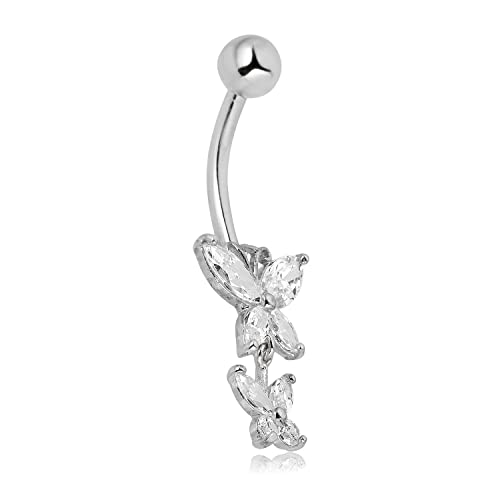 AVORA 10K White Gold Simulated Diamond CZ Double Butterfly Belly Button Ring Body Jewelry (14 Gauge)