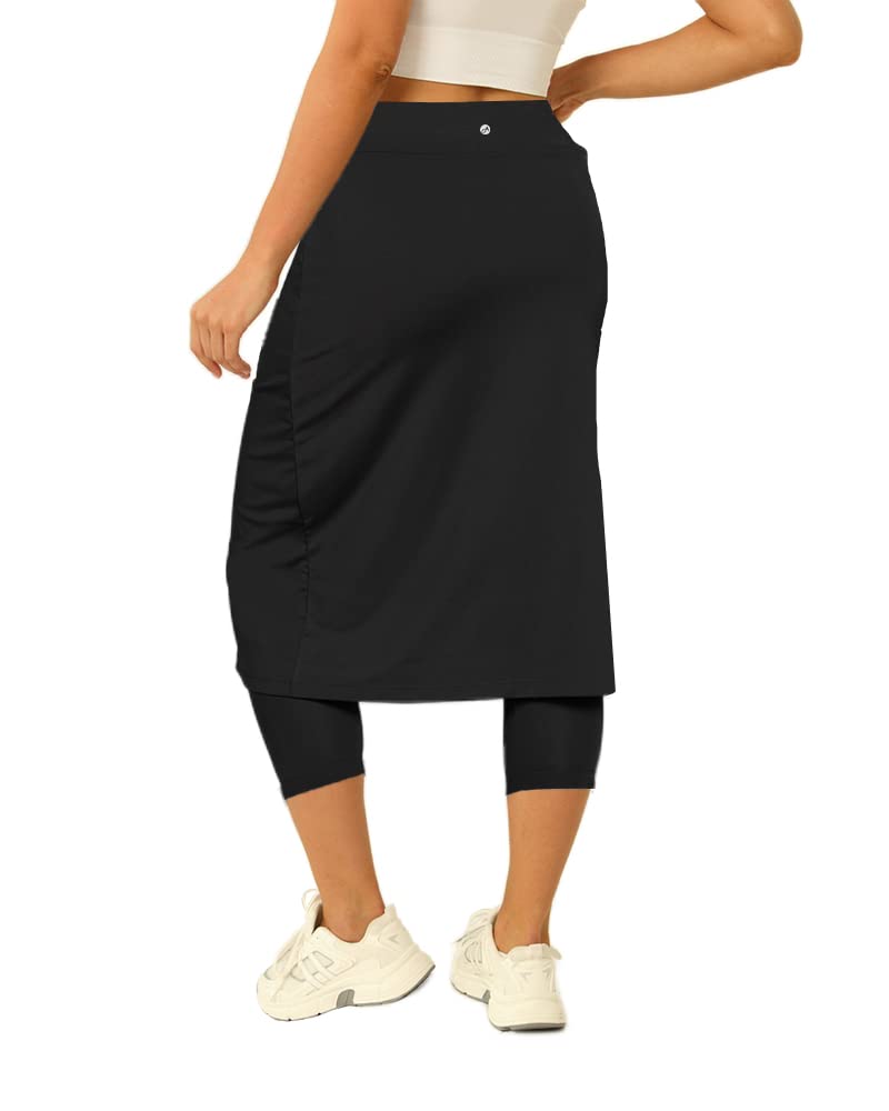 Aurgelmir Womens Tennis Skirt with Capris Leggings Golf Knee Length Skorts Athletic Long Skirts for Women with Pockets Black