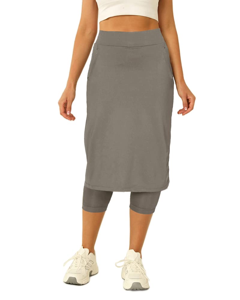 Aurgelmir Womens Tennis Skirt with Capris Leggings Golf Knee Length Skorts Athletic Long Skirts for Women with Pockets Grey