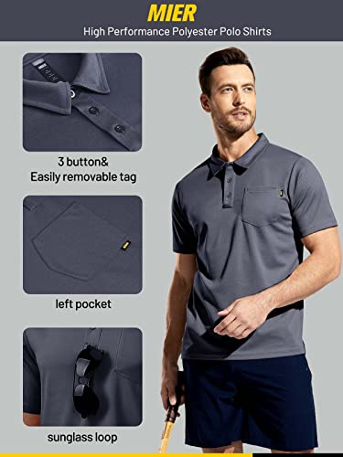 MIER Men's Polo Shirts Polyester Casual Tennis Collared Shirts Short Sleeve with Pocket, Sun Protection, Grey, XXL