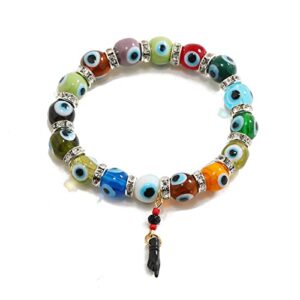 Lucky Colorful Turkish Evil Eye Bead Bracelet Black Azabache Hand Figa Kabbalah Stretchy Bracelet for Women Men Friend Handmade Protection Good Luck Amulet Jewelry-B rainbow