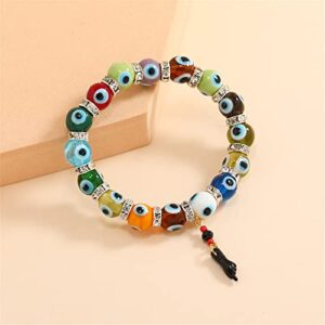 Lucky Colorful Turkish Evil Eye Bead Bracelet Black Azabache Hand Figa Kabbalah Stretchy Bracelet for Women Men Friend Handmade Protection Good Luck Amulet Jewelry-B rainbow