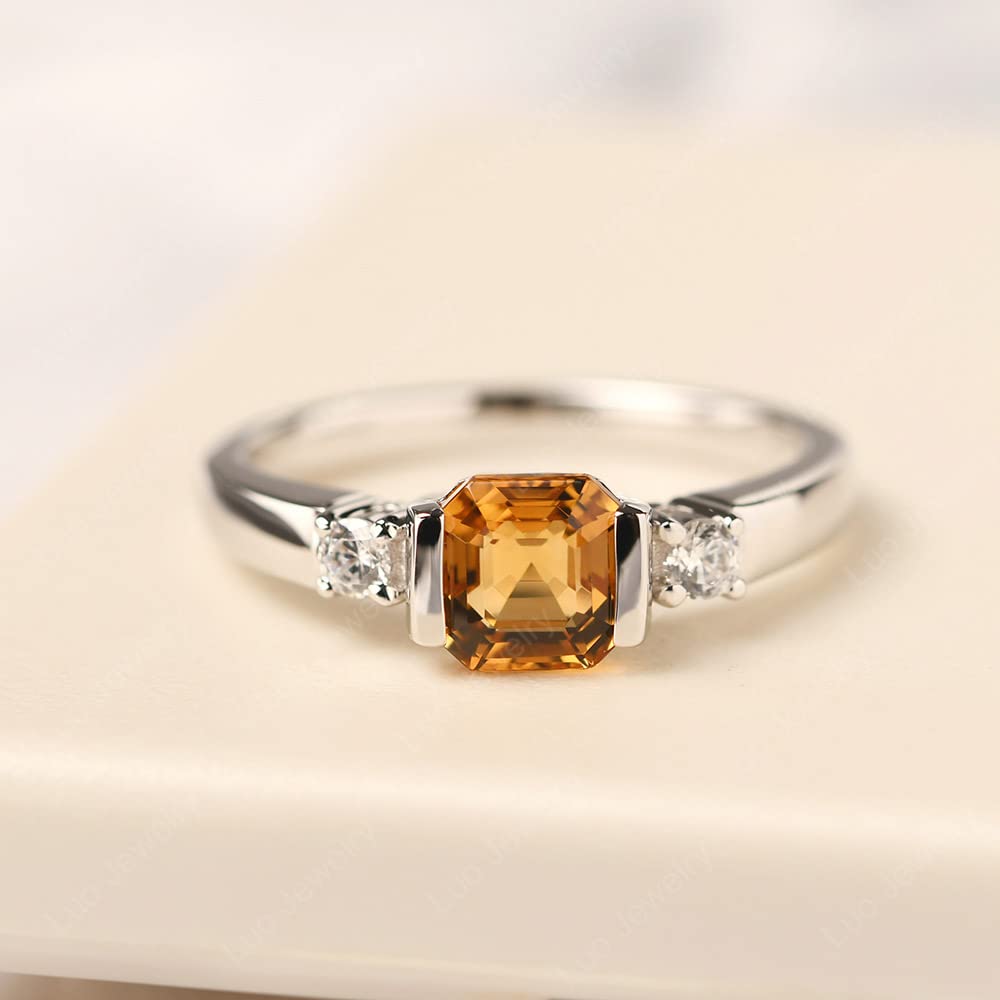 LUO Asscher Cut 1.1 Carat Citrine Ring S925 Sterling Silver Simple Promise Ring November Birthstone Ring US Size 8