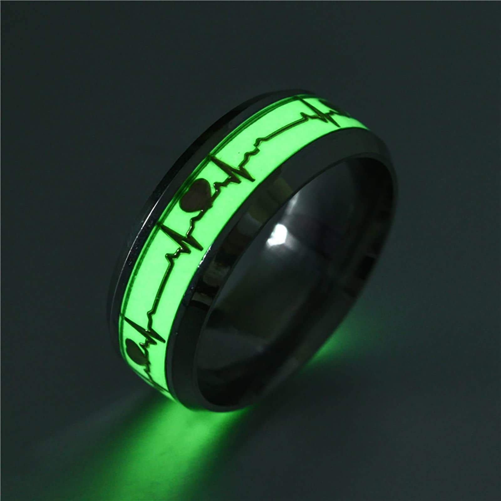 Luminous Heartbeat ECG Ring Glowing in The Dark Fashion Fluorescent Stainless Steel Love Promise Ring, Eternal Love Luminous Titanium Glowing Steel Ring, Green, 10