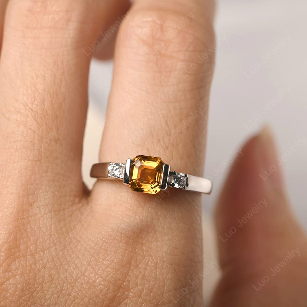 LUO Asscher Cut 1.1 Carat Citrine Ring S925 Sterling Silver Simple Promise Ring November Birthstone Ring US Size 8