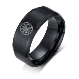 black matte pentagram pentacle wiccan ring - stainless steel occultic seal of solomon tetragrammaton levi's pentagra amulet finger ring for men women, size 9