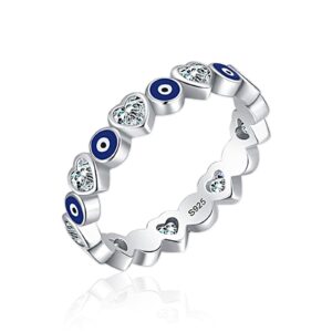 Koufeil Always Protected Heart&Evil Eye Ring Band, 925 Sterling Silver Evil Eye Rings for Women, Minimalist Blue Evil Eyes Ring Lucky Jewelry Gifts (8)