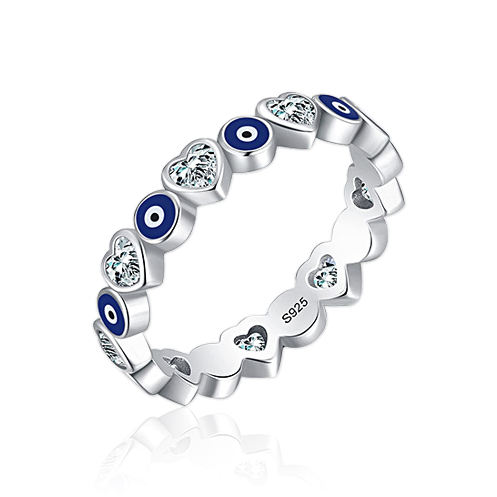 Koufeil Always Protected Heart&Evil Eye Ring Band, 925 Sterling Silver Evil Eye Rings for Women, Minimalist Blue Evil Eyes Ring Lucky Jewelry Gifts (8)