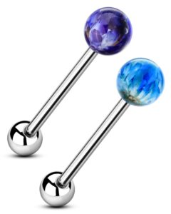 cocharm 2pcs g23 solid titanium tongue rings for women purple blue flower tongue piercing jewelryy tongue ring 14g tongue ring tongue bar tongue piercing tongue barbells