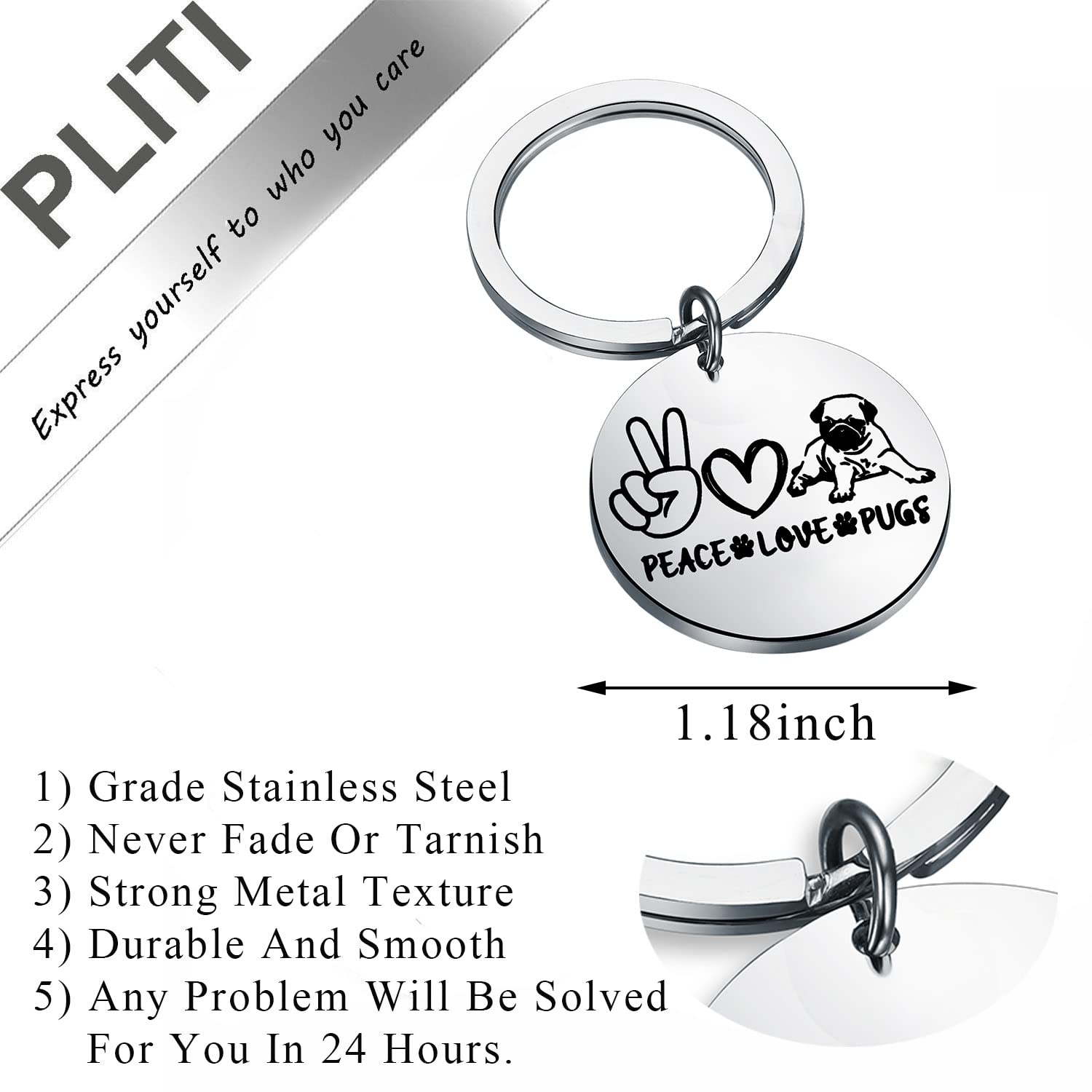 PLITI Pug Keychain Pug Dog Lover Gift Pug Owner Gift Pug Mom Gift Crazy Pug Lady Gift Peace Love Pugs Gift Pug Charm (peace love pugs ky)