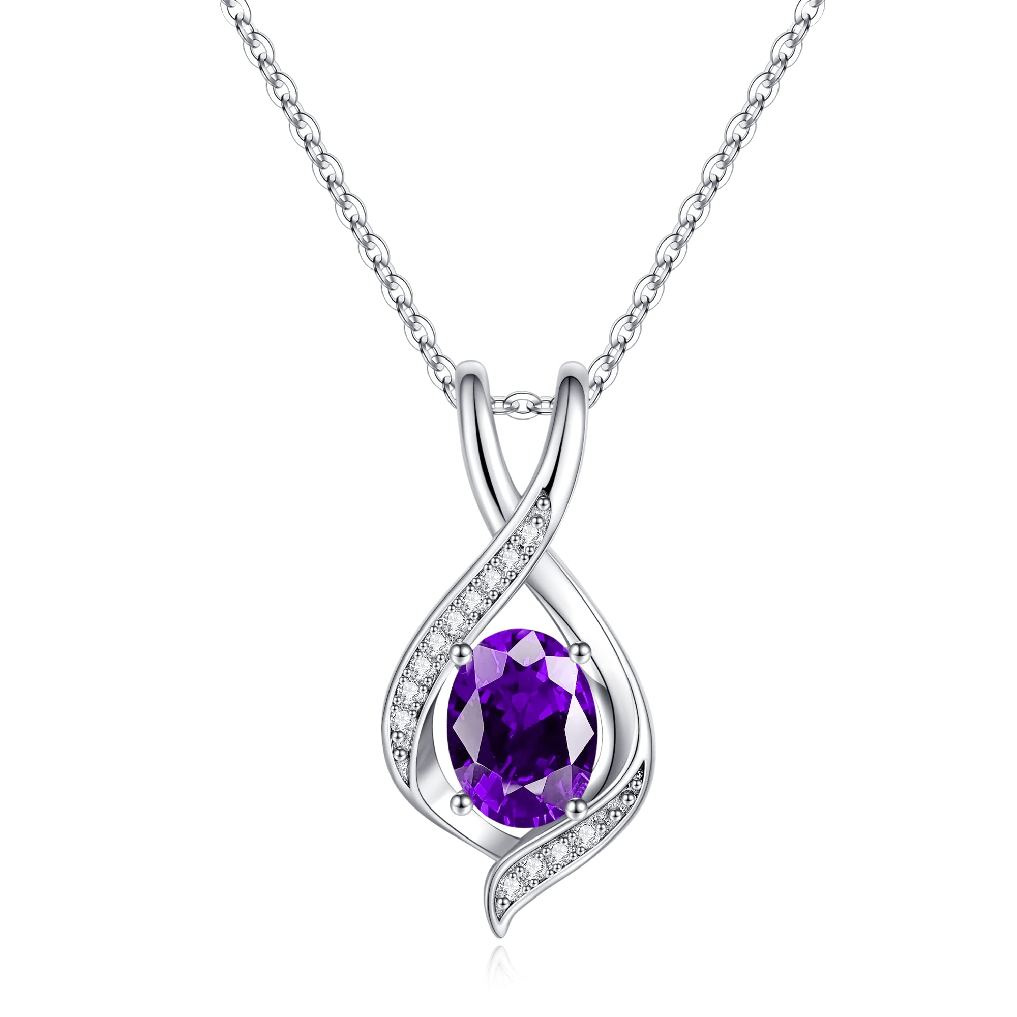 SMILEST Birthstone Necklace for Women, Amethyst Birthstone Necklace 18K White Gold Plated 925 Sterling Silver Birthstone Charms February Birthstone Necklace for Women Mom Birthstone Jewelry Gifts