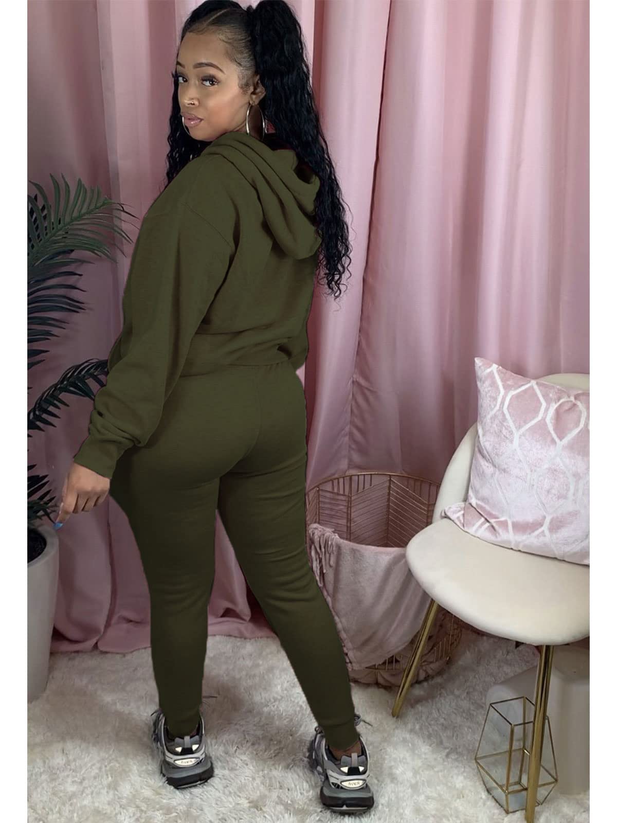 KANSOON Tracksuit for Women Set Two Piece Outfits Long Sleeves Top Hoodie Top Bodycon Jogger Pants Sweatsuits Green M