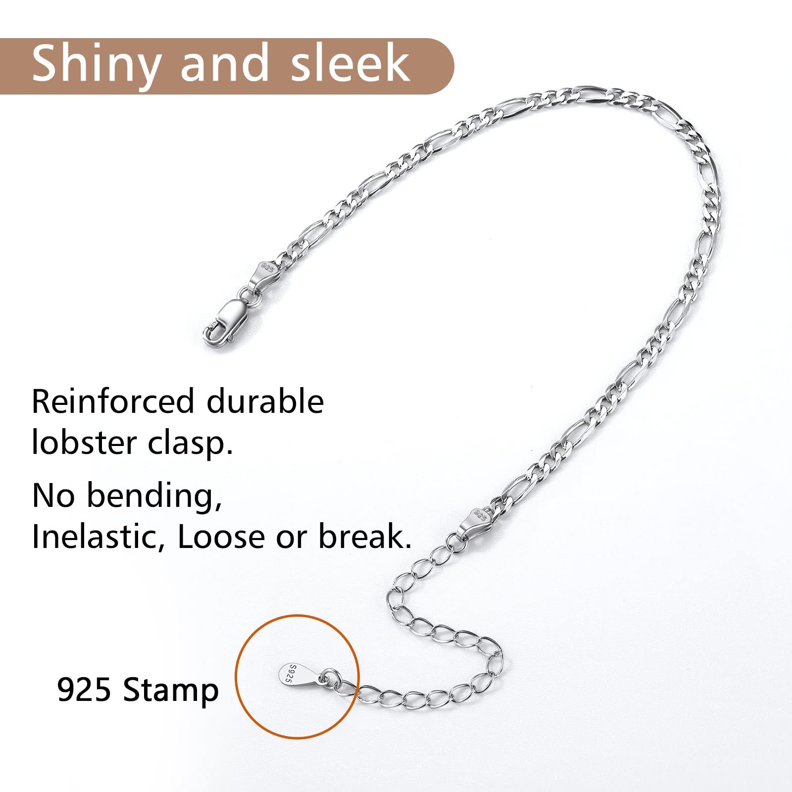 Silver Bracelets for Women Thin Simple Figaro Link Chain Bracelets 925 Sterling Silver 3MM Layering Wrist Chain Everyday Jewelry