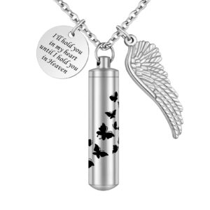 dletay cylinder urn necklace for ashes butterfly cremation jewelry for ashes memorial keepsake pendant with angel wing round tag stainless steel remembrance jewelry-s