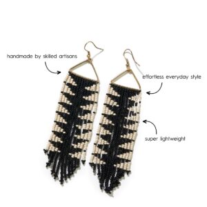 INK + ALLOY Women's Fringe Seed Bead Dangle Earrings Handmade Jewelry for the Modern Bohemian (Black with Ivory Arrow), 4.5-Inches