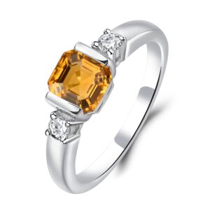 LUO Asscher Cut 1.1 Carat Citrine Ring S925 Sterling Silver Simple Promise Ring November Birthstone Ring US Size 8