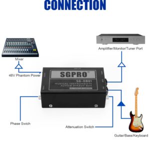 SGPRO Active Direct Box, Recording Signal DI Box for Musical Instruments as Guitar, Bass Guitar, and Keyboard Live Performance or Studio, 1/4" to XLR, Ground Lift 48V Phantom Powered Compact Unit