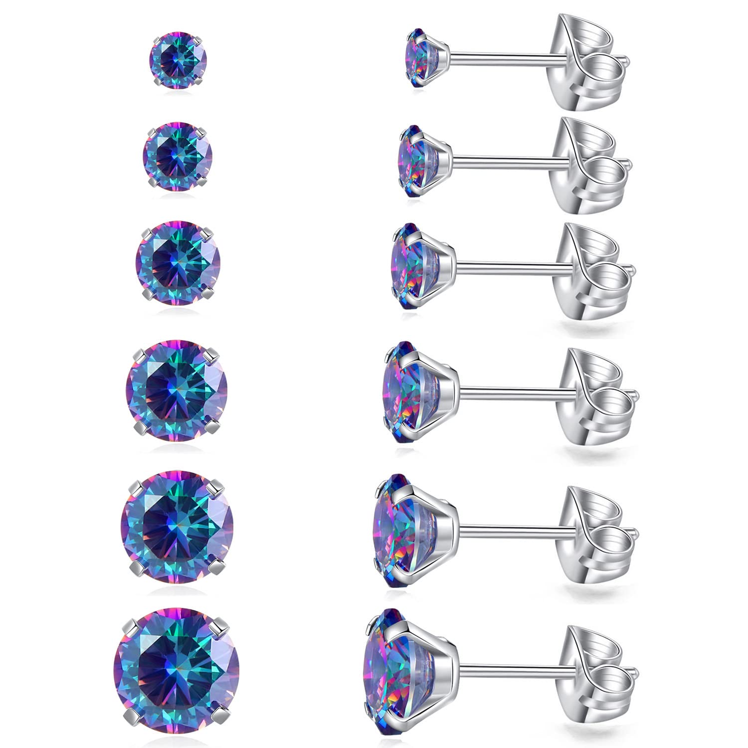 6 Pairs Stud Earrings Set, Hypoallergenic Cubic Zirconia Earrings 316L Stainless Steel CZ Earrings 3-8mm (Rainbow CZ)