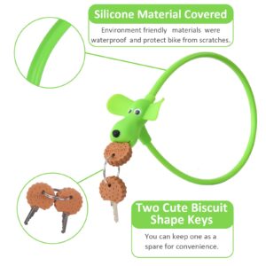 WOOQOTT Cable Lock Bike Cable Lock with Keys,Silicone Covered Bike Lock Kids Cable Lock Cartoon Lock,Lock for Bike,Door,Skateboard,Helmet and More Green