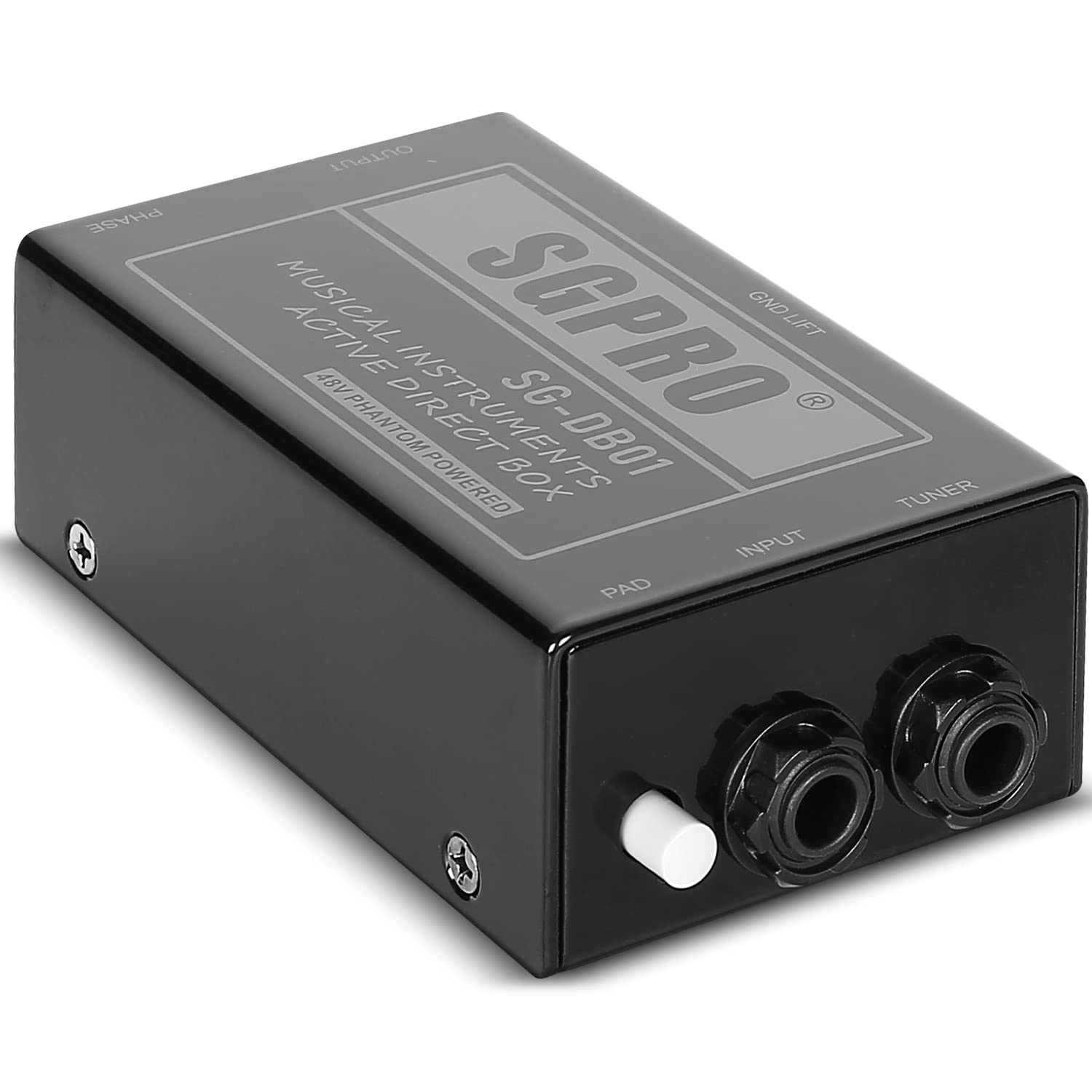 SGPRO Active Direct Box, Recording Signal DI Box for Musical Instruments as Guitar, Bass Guitar, and Keyboard Live Performance or Studio, 1/4" to XLR, Ground Lift 48V Phantom Powered Compact Unit